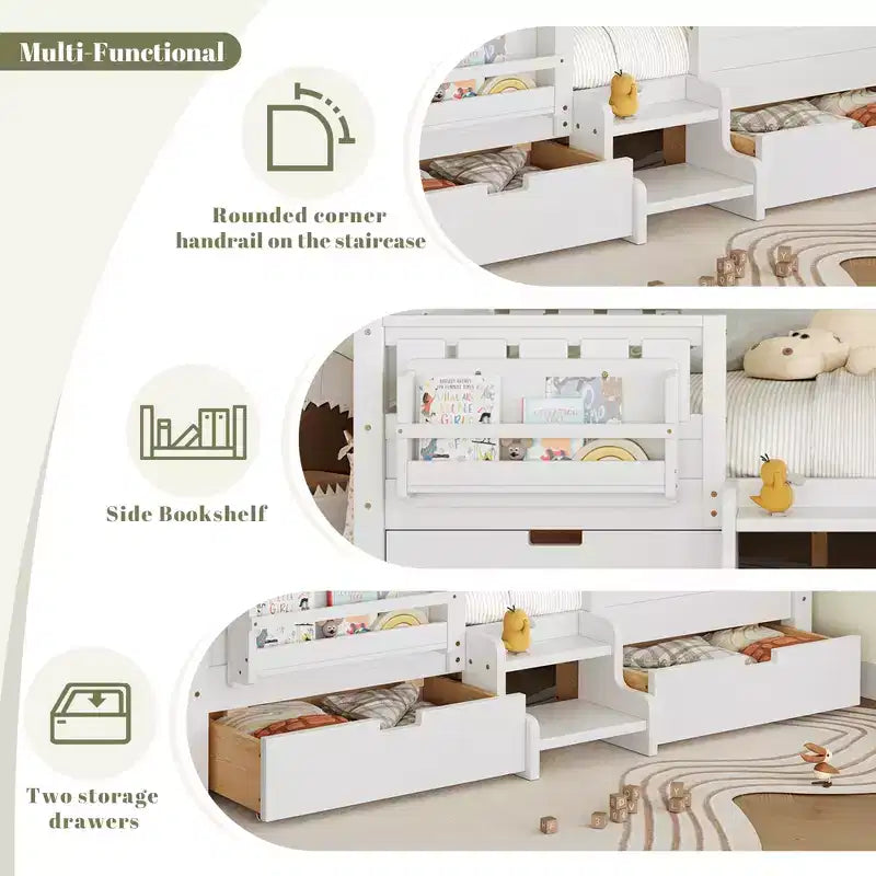 Cama infantil Queen Size con 14 barandillas de seguridad, estructura de cama que ahorra espacio con estanterías integradas y 2 cajones de almacenamiento debajo de la cama