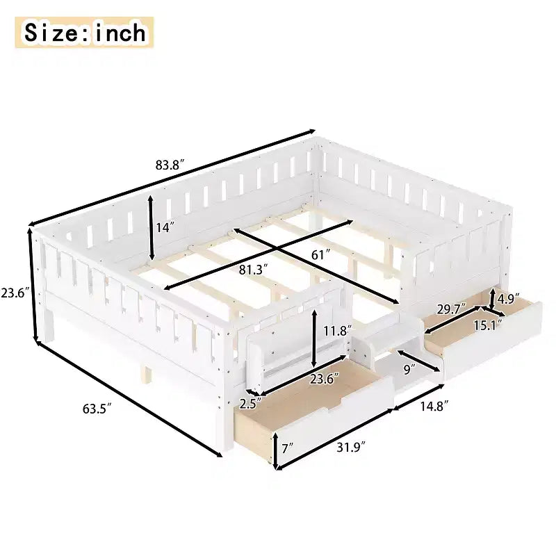 Cama infantil Queen Size con 14 barandillas de seguridad, estructura de cama que ahorra espacio con estanterías integradas y 2 cajones de almacenamiento debajo de la cama