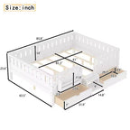 Cama infantil Queen Size con 14 barandillas de seguridad, estructura de cama que ahorra espacio con estanterías integradas y 2 cajones de almacenamiento debajo de la cama