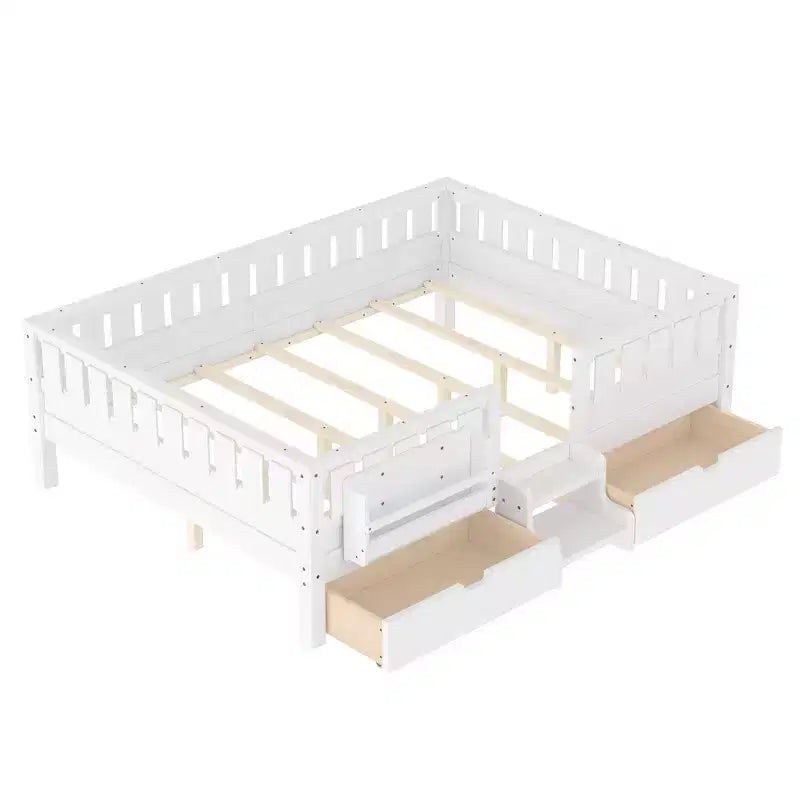 Cama infantil Queen Size con 14 barandillas de seguridad, estructura de cama que ahorra espacio con estanterías integradas y 2 cajones de almacenamiento debajo de la cama