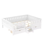 Cama infantil Queen Size con 14 barandillas de seguridad, estructura de cama que ahorra espacio con estanterías integradas y 2 cajones de almacenamiento debajo de la cama