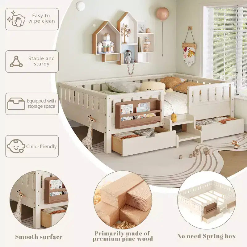 Cama infantil Queen Size con 14 barandillas de seguridad, estructura de cama que ahorra espacio con estanterías integradas y 2 cajones de almacenamiento debajo de la cama