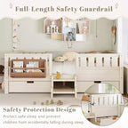 Cama infantil Queen Size con 14 barandillas de seguridad, estructura de cama que ahorra espacio con estanterías integradas y 2 cajones de almacenamiento debajo de la cama