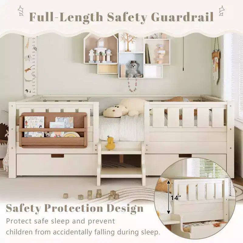 Cama infantil Queen Size con 14 barandillas de seguridad, estructura de cama que ahorra espacio con estanterías integradas y 2 cajones de almacenamiento debajo de la cama