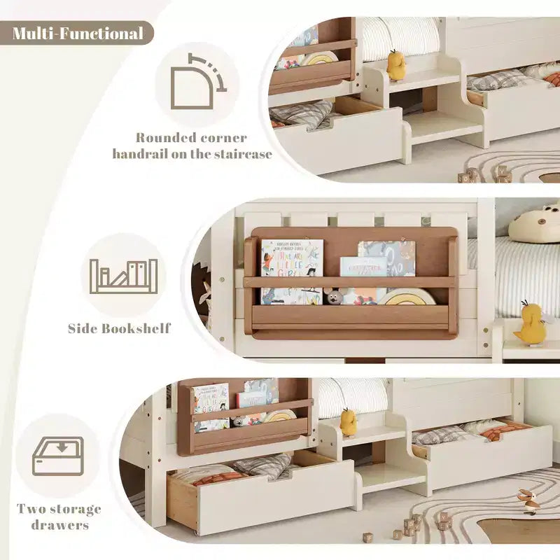 Cama infantil Queen Size con 14 barandillas de seguridad, estructura de cama que ahorra espacio con estanterías integradas y 2 cajones de almacenamiento debajo de la cama
