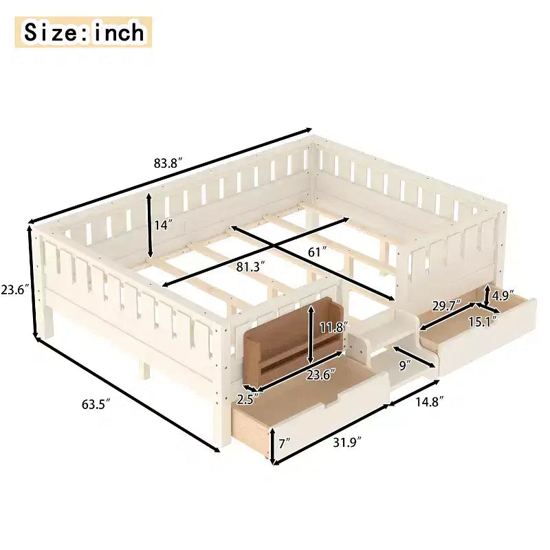 Cama infantil Queen Size con 14 barandillas de seguridad, estructura de cama que ahorra espacio con estanterías integradas y 2 cajones de almacenamiento debajo de la cama