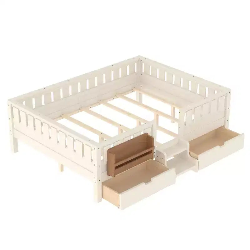 Cama infantil Queen Size con 14 barandillas de seguridad, estructura de cama que ahorra espacio con estanterías integradas y 2 cajones de almacenamiento debajo de la cama