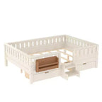 Cama infantil Queen Size con 14 barandillas de seguridad, estructura de cama que ahorra espacio con estanterías integradas y 2 cajones de almacenamiento debajo de la cama