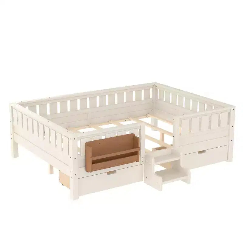 Cama infantil Queen Size con 14 barandillas de seguridad, estructura de cama que ahorra espacio con estanterías integradas y 2 cajones de almacenamiento debajo de la cama
