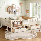 Bellemave Queen Size Toddler Bed with 14 Safety Guardrails, Space-saving Bed Frame with Built-in Bookshelves & 2 Under-Bed Storage Drawers