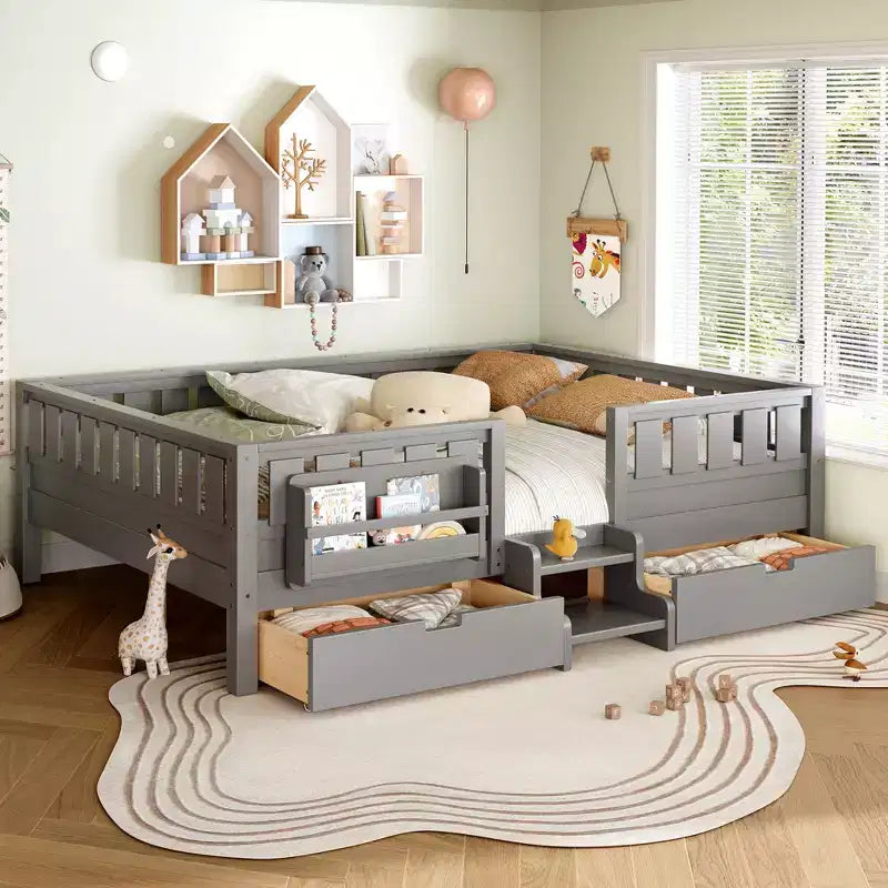 Cama infantil Queen Size con 14 barandillas de seguridad, estructura de cama que ahorra espacio con estanterías integradas y 2 cajones de almacenamiento debajo de la cama