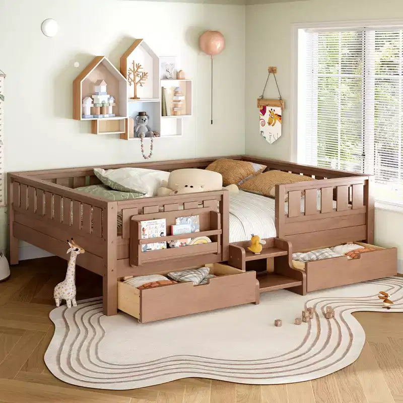 Cama infantil Queen Size con 14 barandillas de seguridad, estructura de cama que ahorra espacio con estanterías integradas y 2 cajones de almacenamiento debajo de la cama