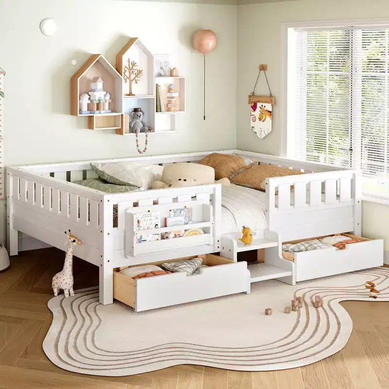 Cama infantil Queen Size con 14 barandillas de seguridad, estructura de cama que ahorra espacio con estanterías integradas y 2 cajones de almacenamiento debajo de la cama