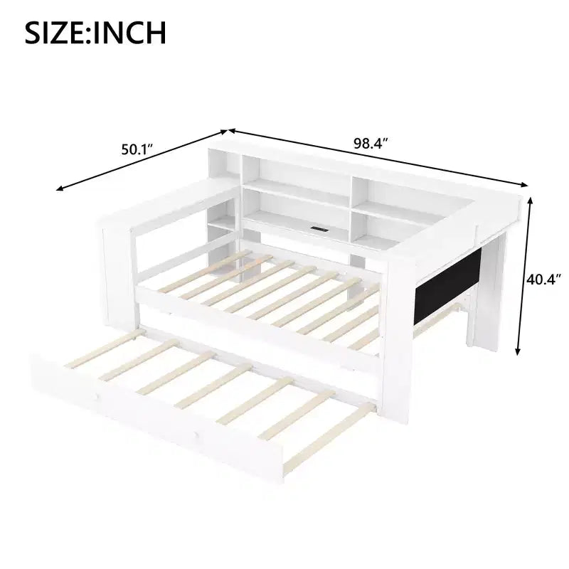 Cama de plataforma de madera con estantes de almacenamiento, cama nido, estación de carga y LED