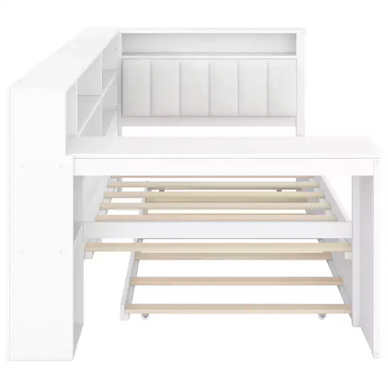 Cama de plataforma de madera con estantes de almacenamiento, cama nido, estación de carga y LED