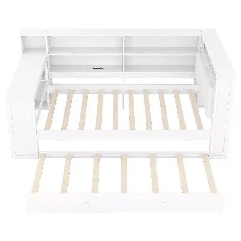 Cama de plataforma de madera con estantes de almacenamiento, cama nido, estación de carga y LED