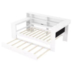 Cama de plataforma de madera con estantes de almacenamiento, cama nido, estación de carga y LED