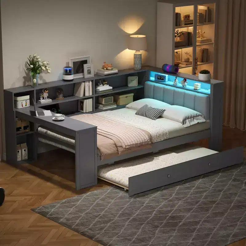 Cama de plataforma de madera con estantes de almacenamiento, cama nido, estación de carga y LED