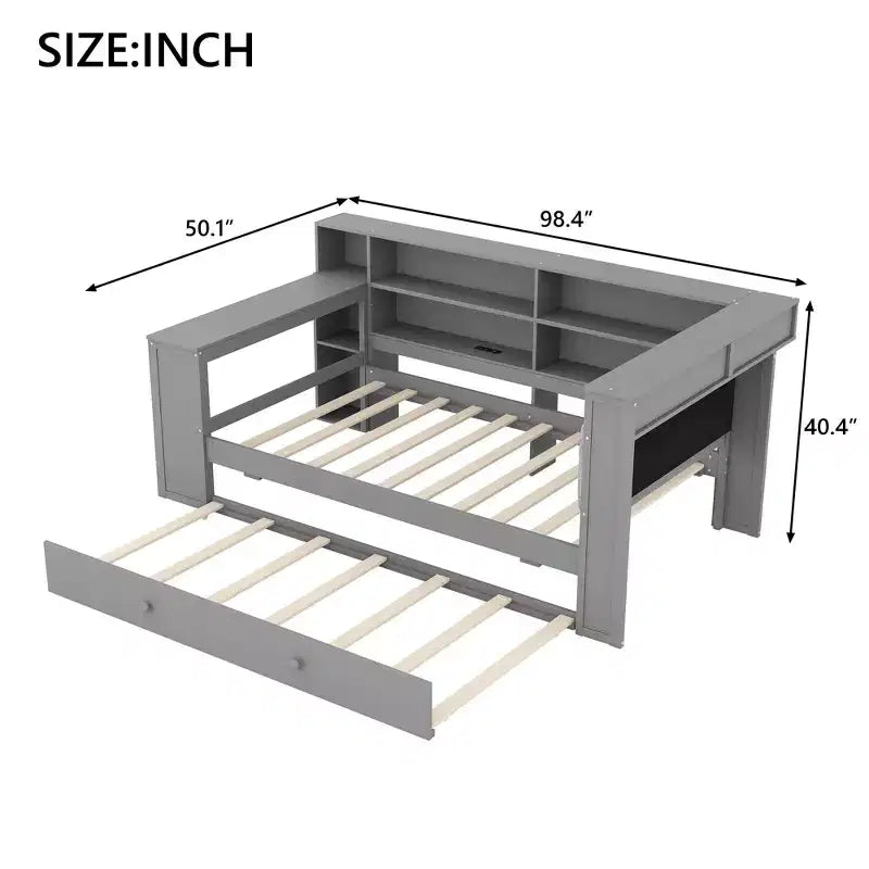 Cama de plataforma de madera con estantes de almacenamiento, cama nido, estación de carga y LED