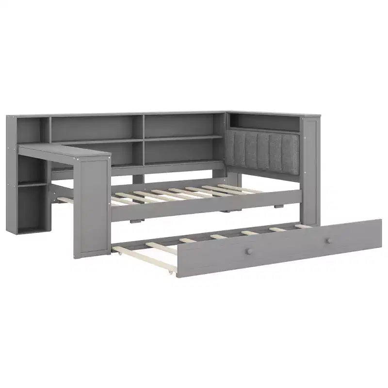 Cama de plataforma de madera con estantes de almacenamiento, cama nido, estación de carga y LED