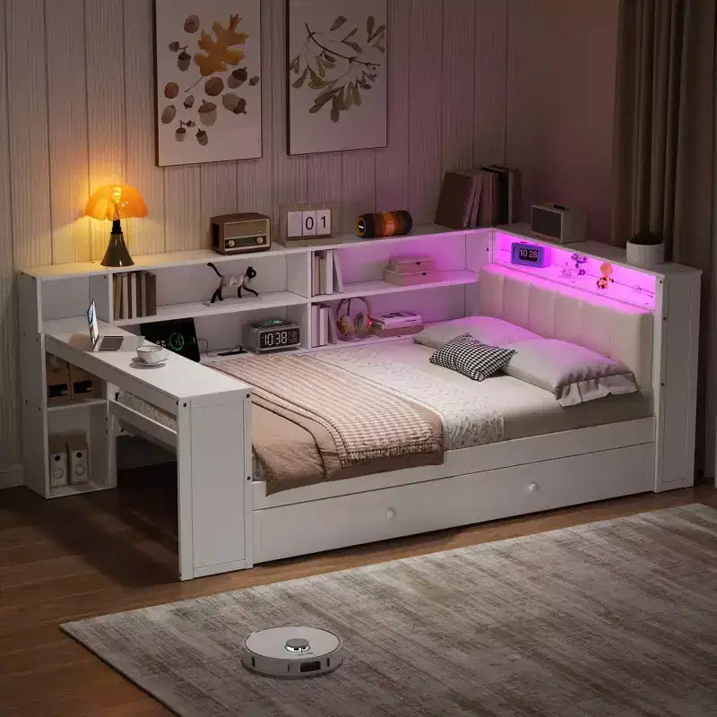Cama de plataforma de madera con estantes de almacenamiento, cama nido, estación de carga y LED