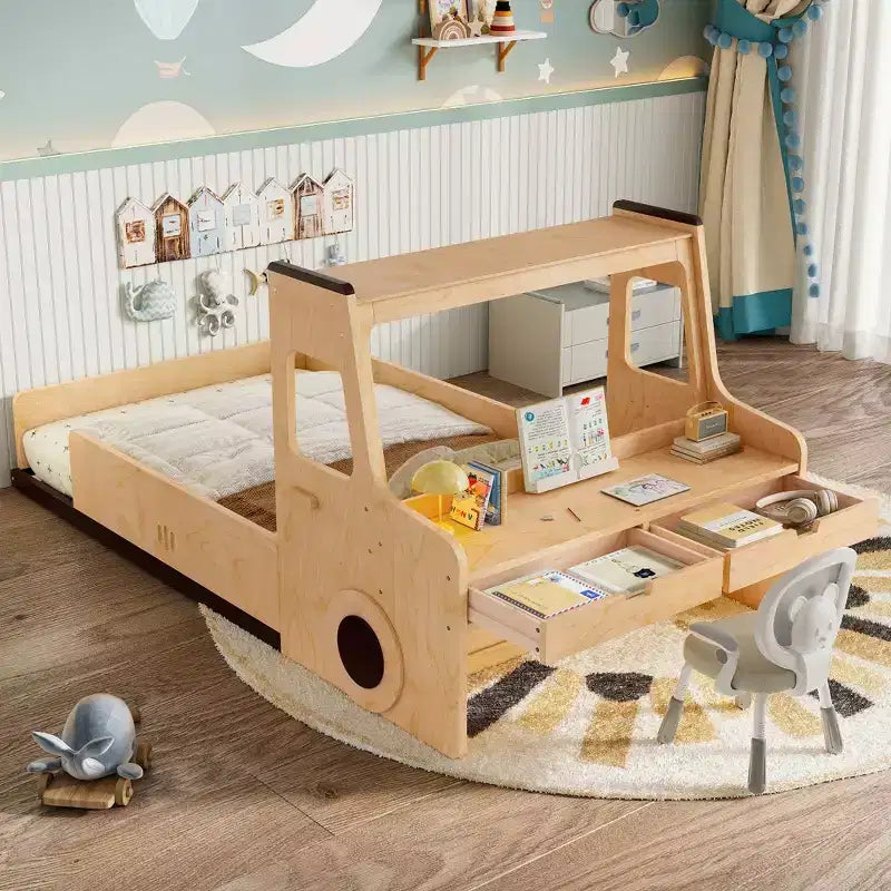 Cama de suelo individual/matrimonial con diseño de coche, cama de coche de madera con cajones, ventana y escritorio para niños
