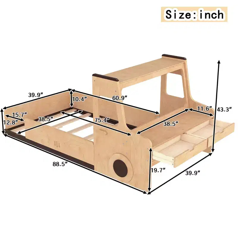 Cama de suelo individual/matrimonial con diseño de coche, cama de coche de madera con cajones, ventana y escritorio para niños