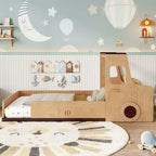 Cama de suelo individual/matrimonial con diseño de coche, cama de coche de madera con cajones, ventana y escritorio para niños