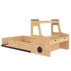 Cama de suelo individual/matrimonial con diseño de coche, cama de coche de madera con cajones, ventana y escritorio para niños