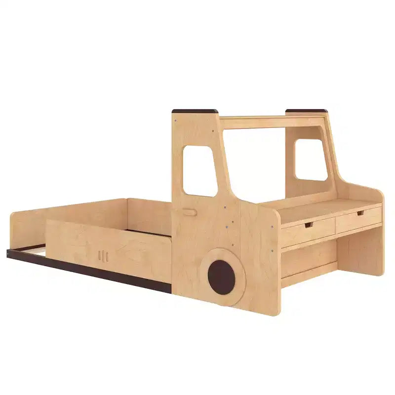 Cama de suelo individual/matrimonial con diseño de coche, cama de coche de madera con cajones, ventana y escritorio para niños