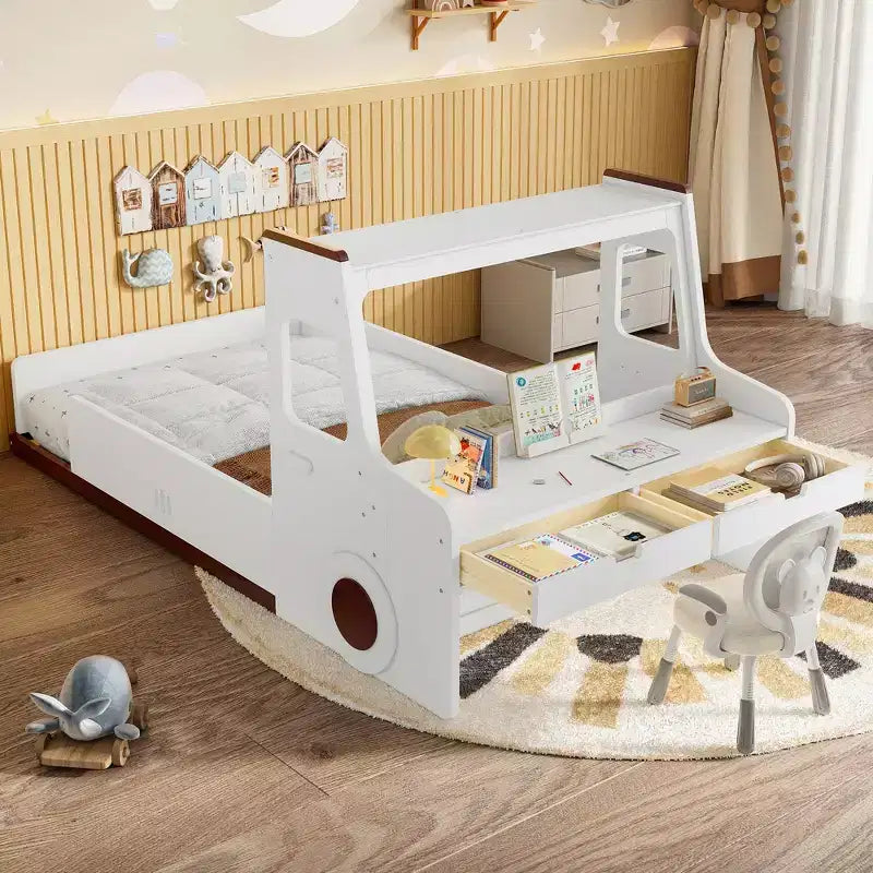 Cama de suelo individual/matrimonial con diseño de coche, cama de coche de madera con cajones, ventana y escritorio para niños
