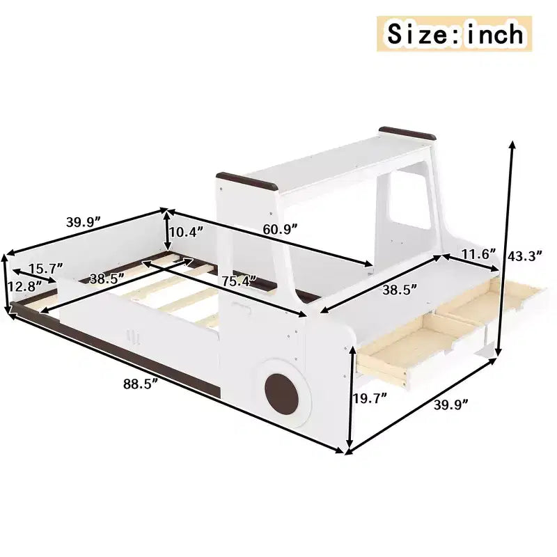 Cama de suelo individual/matrimonial con diseño de coche, cama de coche de madera con cajones, ventana y escritorio para niños