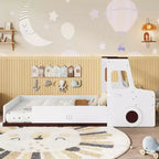 Cama de suelo individual/matrimonial con diseño de coche, cama de coche de madera con cajones, ventana y escritorio para niños