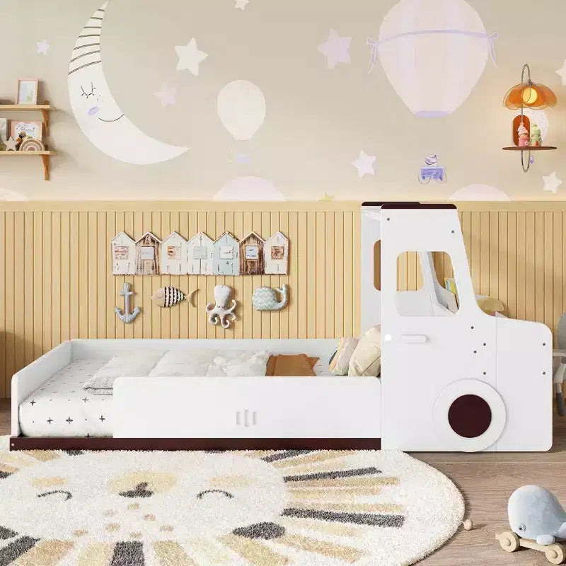 Cama de suelo individual/matrimonial con diseño de coche, cama de coche de madera con cajones, ventana y escritorio para niños