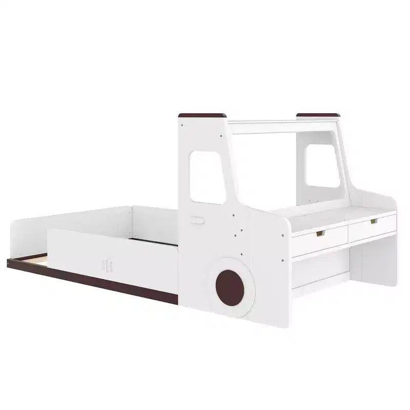 Cama de suelo individual/matrimonial con diseño de coche, cama de coche de madera con cajones, ventana y escritorio para niños