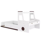 Cama de suelo individual/matrimonial con diseño de coche, cama de coche de madera con cajones, ventana y escritorio para niños