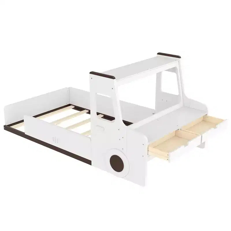 Cama de suelo individual/matrimonial con diseño de coche, cama de coche de madera con cajones, ventana y escritorio para niños