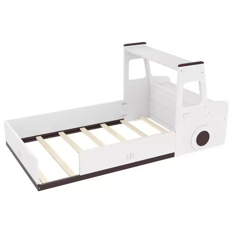 Cama de suelo individual/matrimonial con diseño de coche, cama de coche de madera con cajones, ventana y escritorio para niños