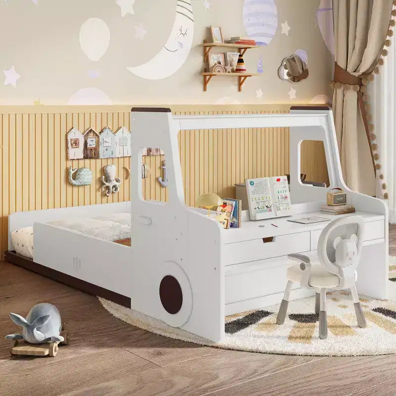 Twin/Full Size Floor Bed with Car-shape Design, Wood Car Bed with Drawers, Window and Desk for Kids