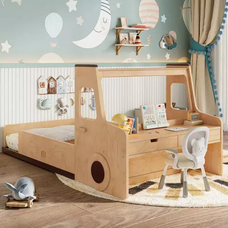 Cama de suelo individual/matrimonial con diseño de coche, cama de coche de madera con cajones, ventana y escritorio para niños