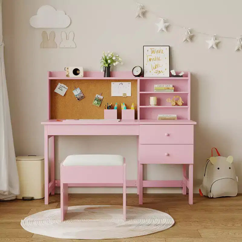 Escritorio y Silla Infantiles de Madera Mesa de Estudio con Tablero Inclinable Ajustable Cajones de Almacenamiento y Tablero de Corcho para el Aprendizaje de los Niños