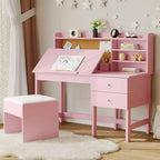 Escritorio y Silla Infantiles de Madera Mesa de Estudio con Tablero Inclinable Ajustable Cajones de Almacenamiento y Tablero de Corcho para el Aprendizaje de los Niños
