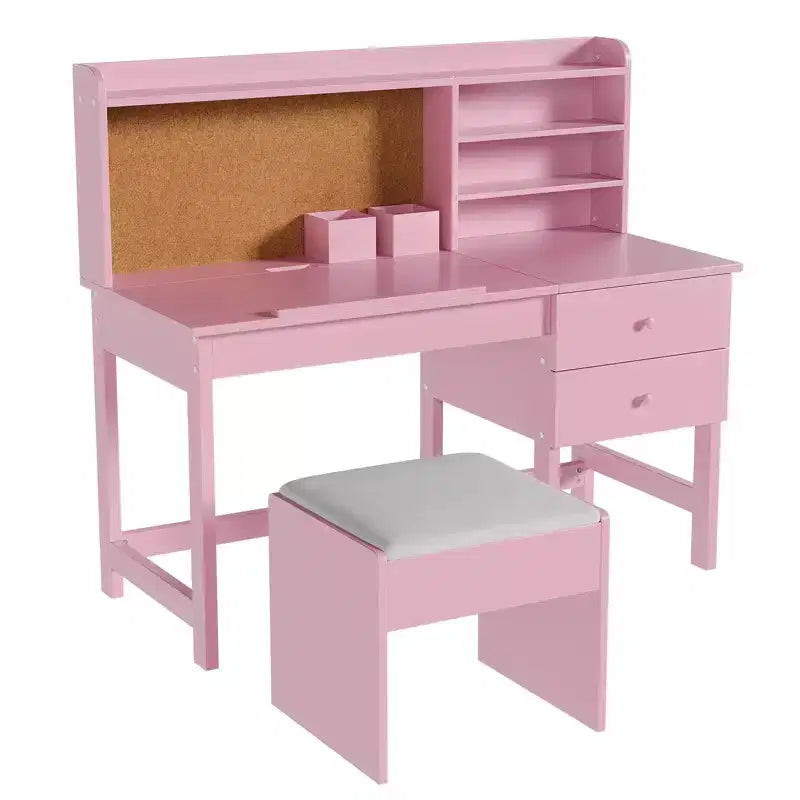 Escritorio y Silla Infantiles de Madera Mesa de Estudio con Tablero Inclinable Ajustable Cajones de Almacenamiento y Tablero de Corcho para el Aprendizaje de los Niños