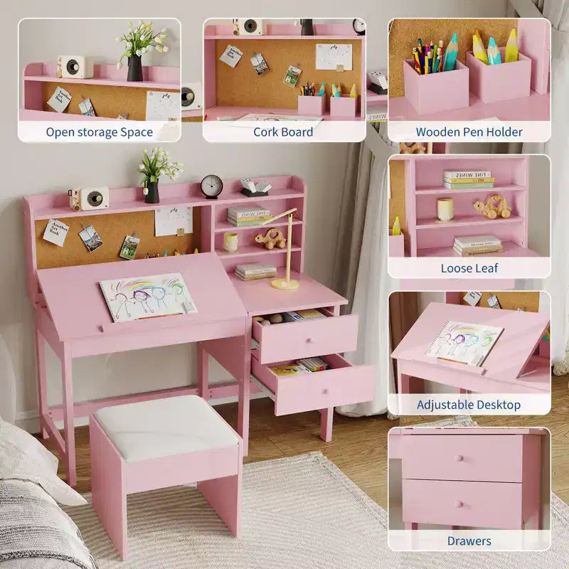 Escritorio y Silla Infantiles de Madera Mesa de Estudio con Tablero Inclinable Ajustable Cajones de Almacenamiento y Tablero de Corcho para el Aprendizaje de los Niños