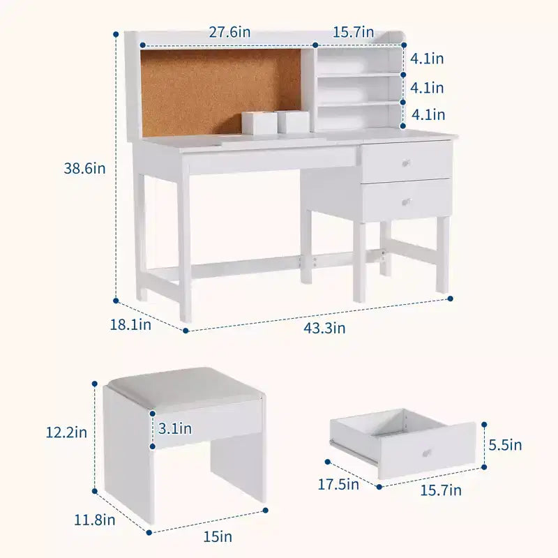 Escritorio y Silla Infantiles de Madera Mesa de Estudio con Tablero Inclinable Ajustable Cajones de Almacenamiento y Tablero de Corcho para el Aprendizaje de los Niños