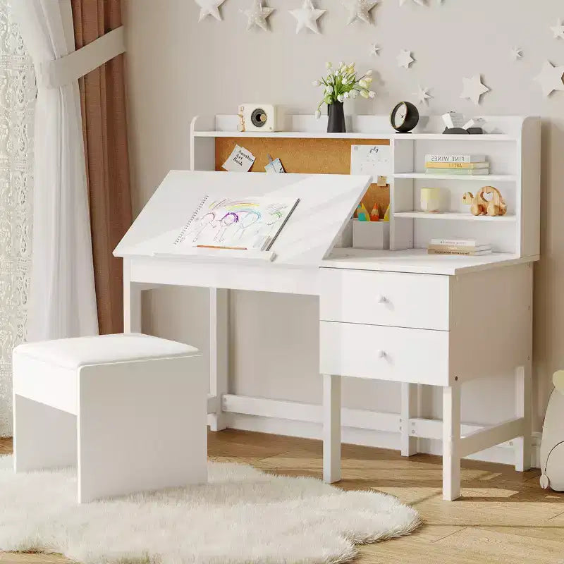 Escritorio y Silla Infantiles de Madera Mesa de Estudio con Tablero Inclinable Ajustable Cajones de Almacenamiento y Tablero de Corcho para el Aprendizaje de los Niños