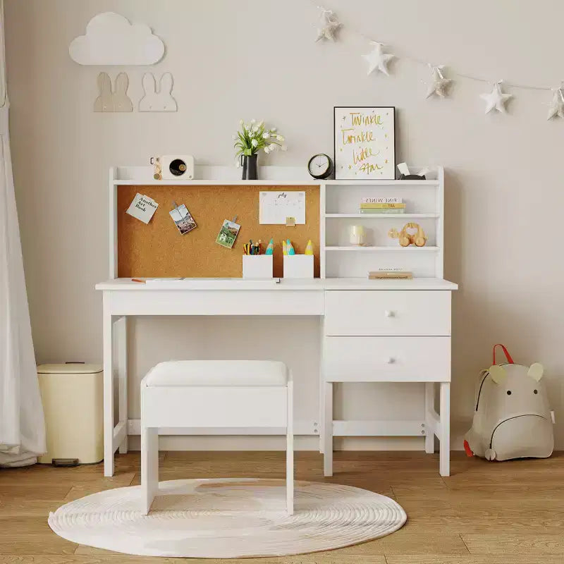 Escritorio y Silla Infantiles de Madera Mesa de Estudio con Tablero Inclinable Ajustable Cajones de Almacenamiento y Tablero de Corcho para el Aprendizaje de los Niños