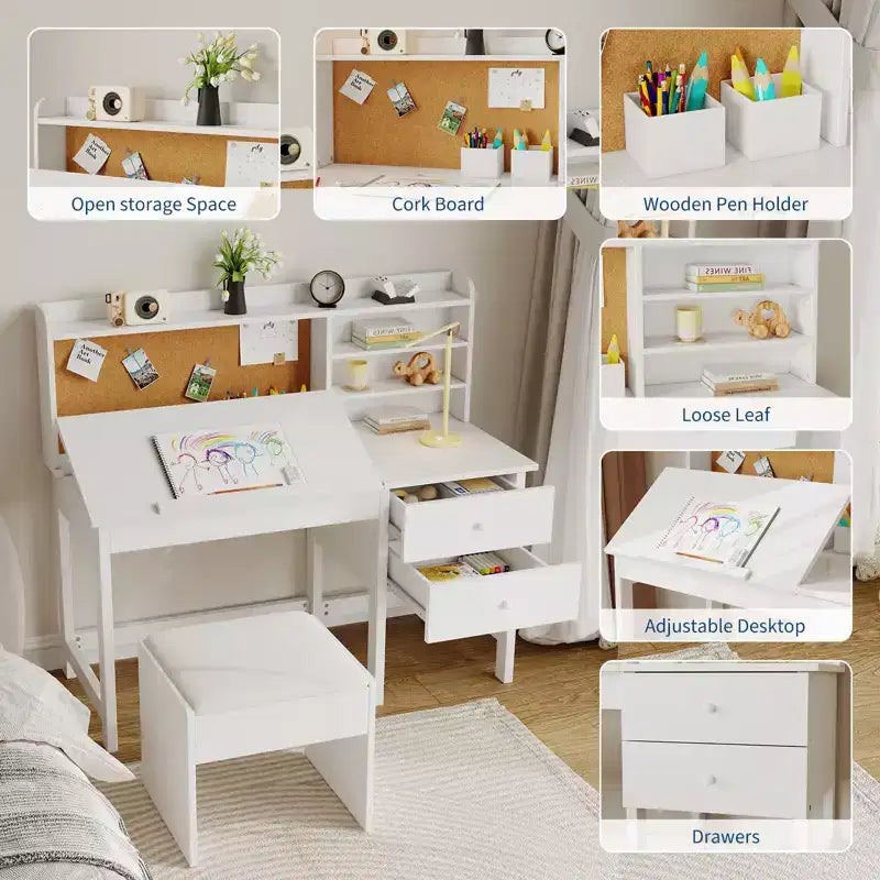 Escritorio y Silla Infantiles de Madera Mesa de Estudio con Tablero Inclinable Ajustable Cajones de Almacenamiento y Tablero de Corcho para el Aprendizaje de los Niños