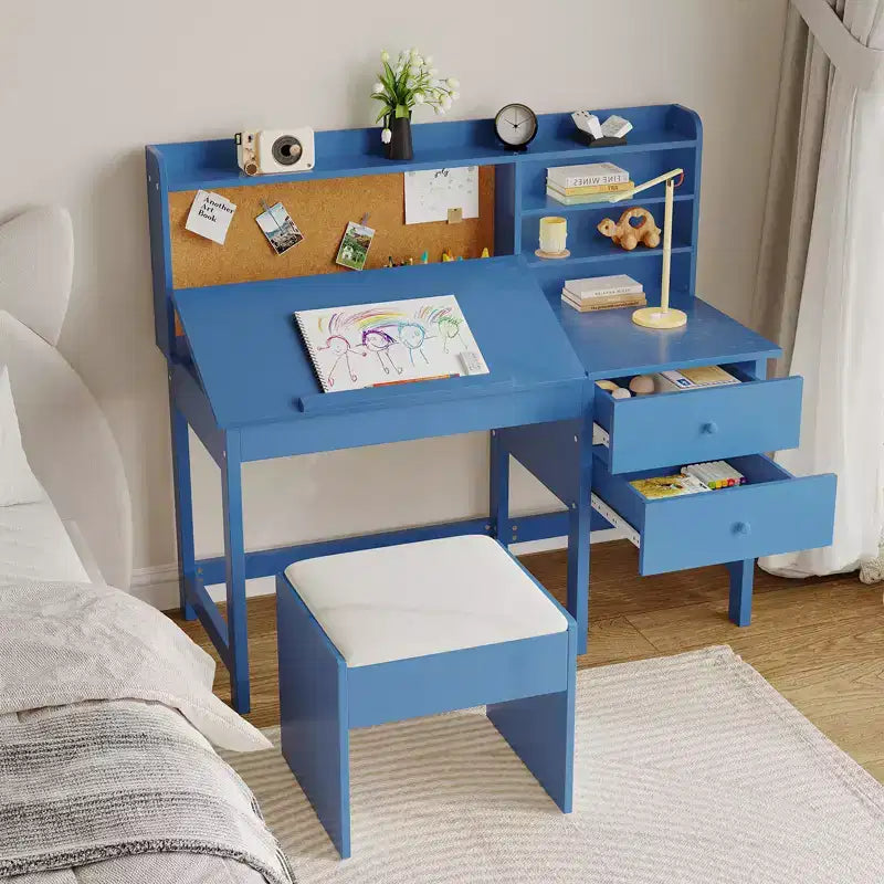 Escritorio y Silla Infantiles de Madera Mesa de Estudio con Tablero Inclinable Ajustable Cajones de Almacenamiento y Tablero de Corcho para el Aprendizaje de los Niños