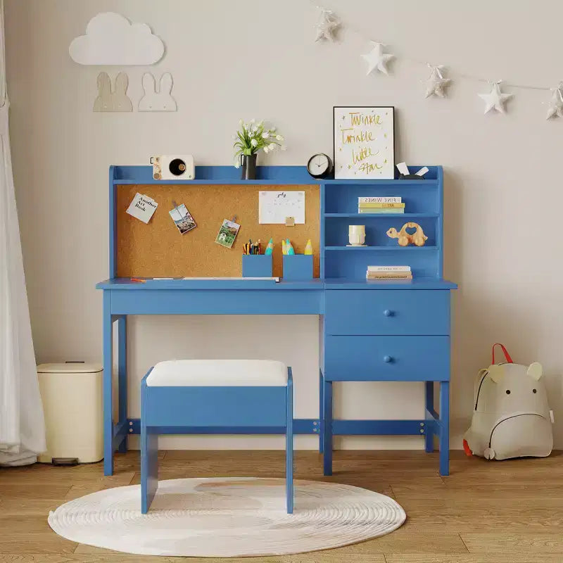 Escritorio y Silla Infantiles de Madera Mesa de Estudio con Tablero Inclinable Ajustable Cajones de Almacenamiento y Tablero de Corcho para el Aprendizaje de los Niños